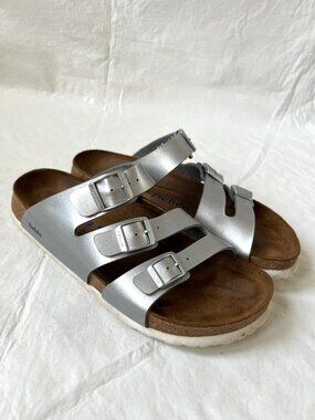 Betula Birkenstock sandals 40 womens 9 9.5 narrow Leo silver birko flor 3 straps